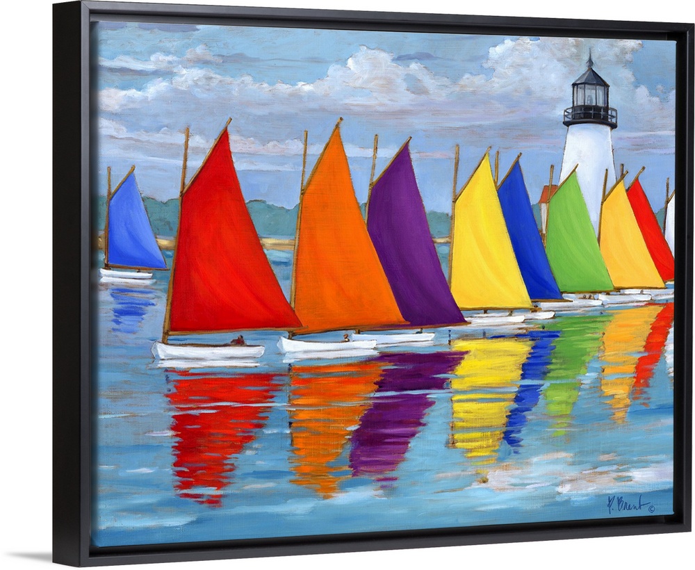 Contemporary painting of a row of multi-colored sailboats on the water, near a lighthouse.