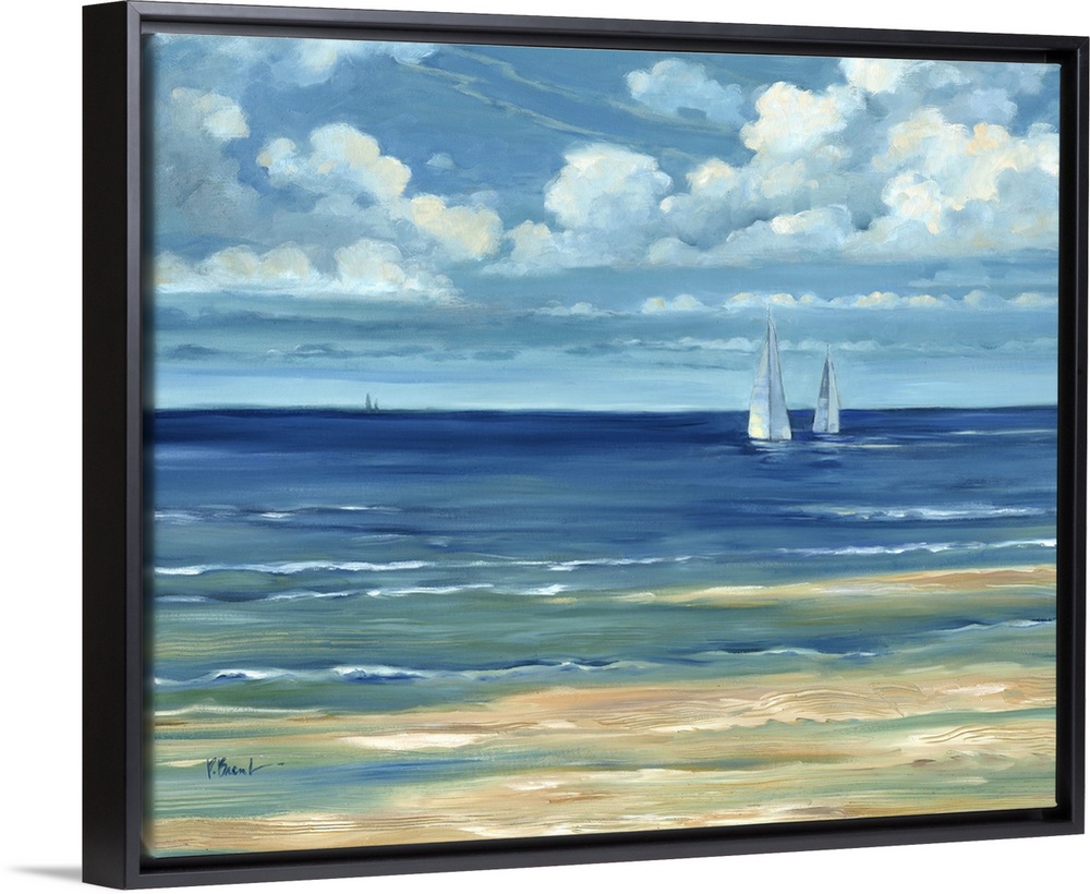 Contemporary landscape painting of a deep blue ocean with white clouds overhead.