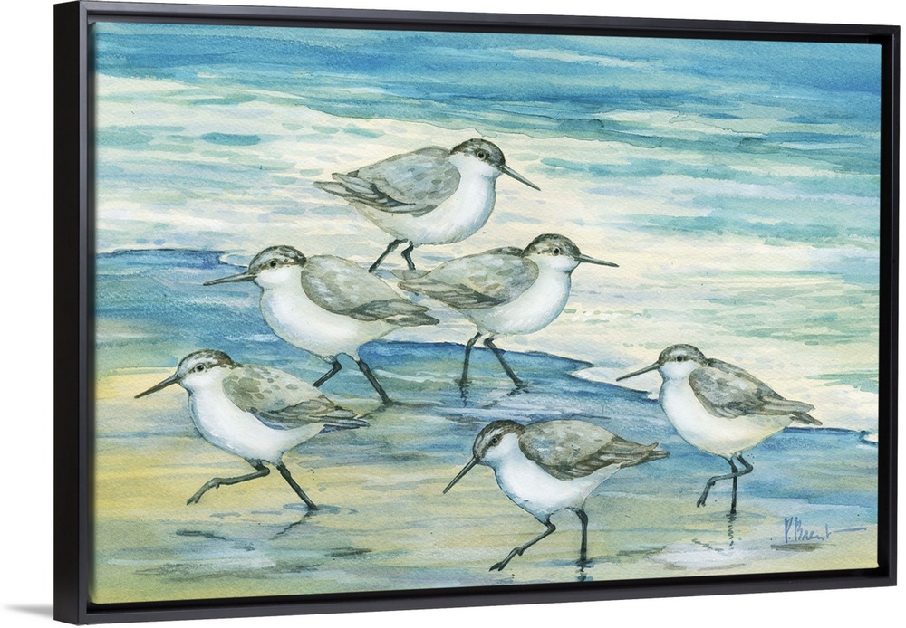 Contemporary artwork of a flock of sandpiper birds on the beach.