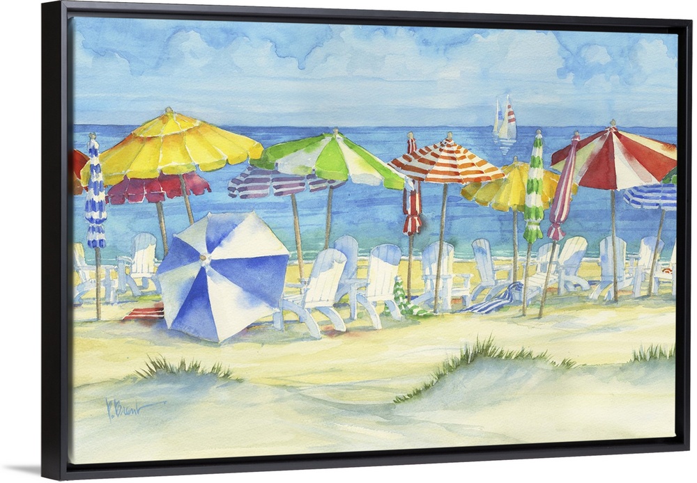 Watercolor painting of several adirondack chairs and colorful beach umbrellas on a sandy shore.
