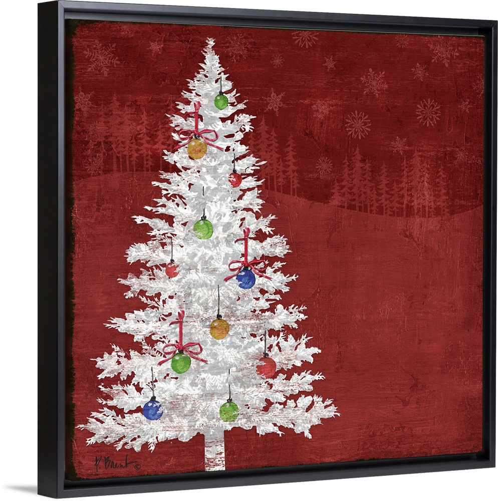 Artwork of a white tree decorated with Christmas Ornaments on a red background.