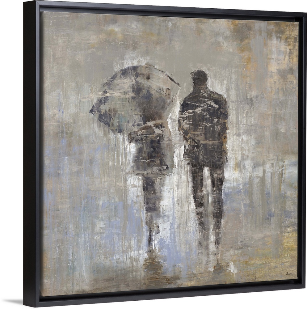 Figurative painting of the backs of a male and female form walking side by side, the female holding an umbrella over her h...