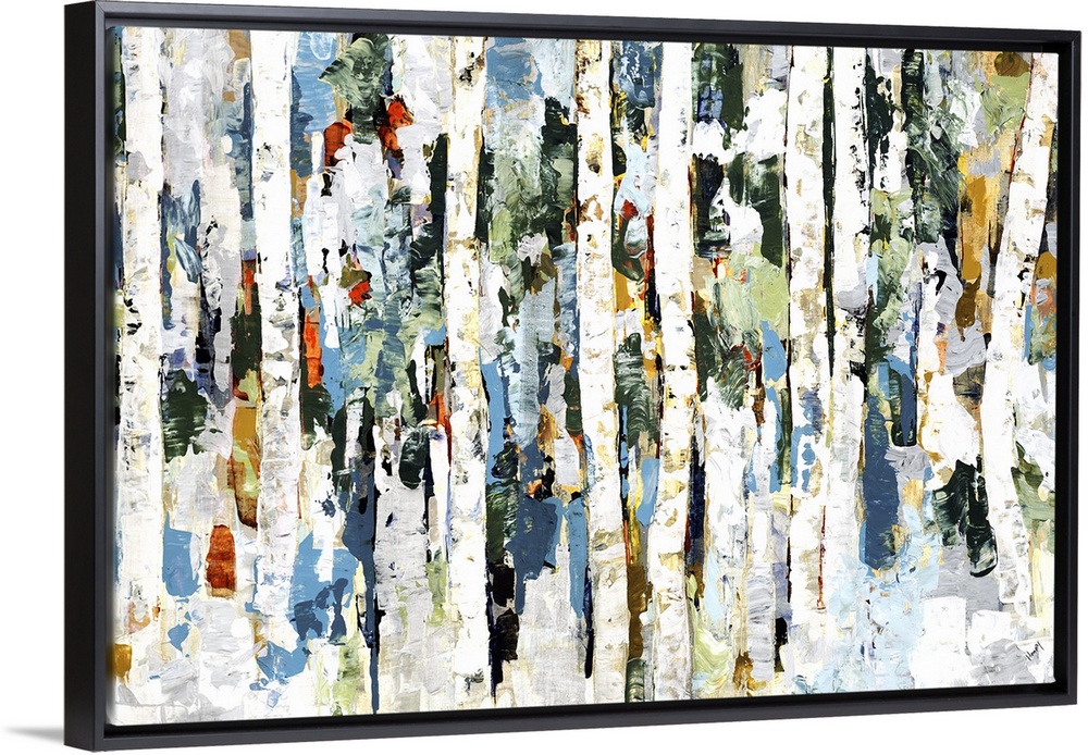 Abstract painting of a wooded forest of colorful leaves.