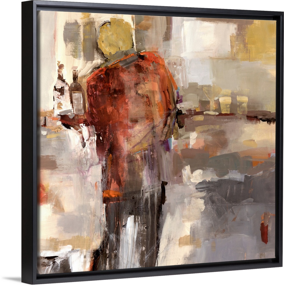 Painting of the back of a man standing at a bar, surrounded by bottles and glasses.  Painted with large, thick brushstroke...