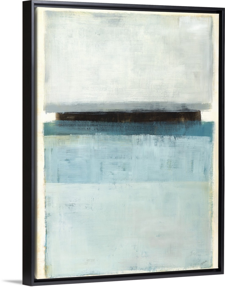 Large abstract painting with rectangular sections of color in shades of blue and gray with one black line and a white and ...