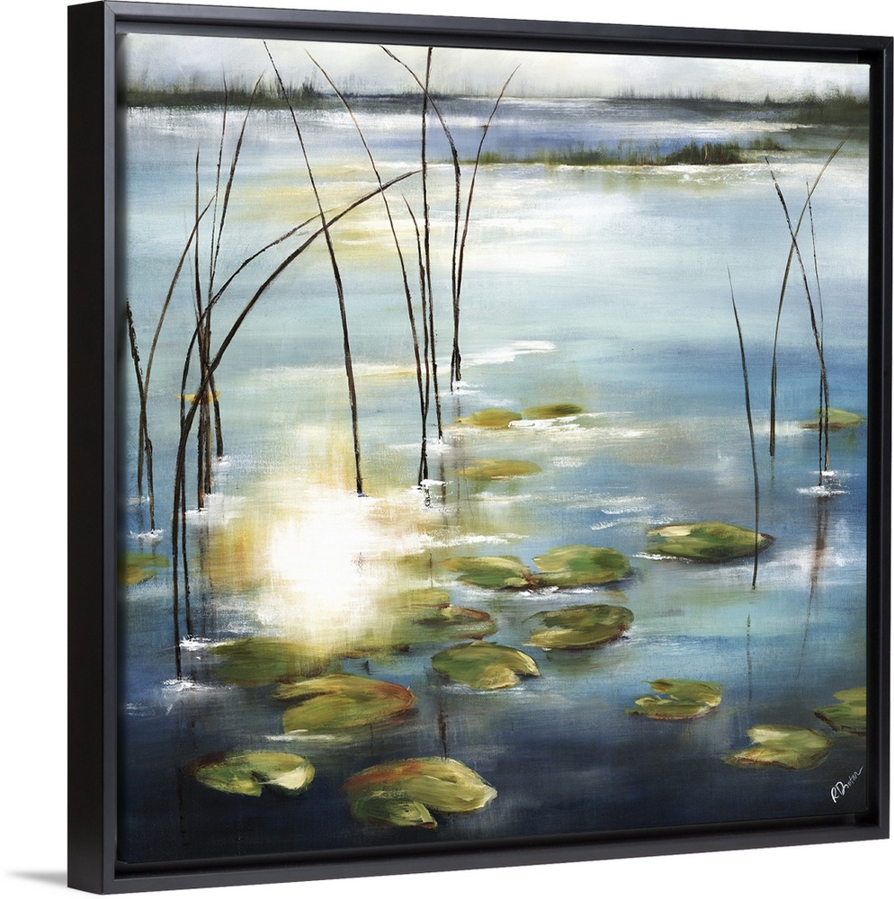 Contemporary painting of lily pads in a pond with the sun reflecting on the water.