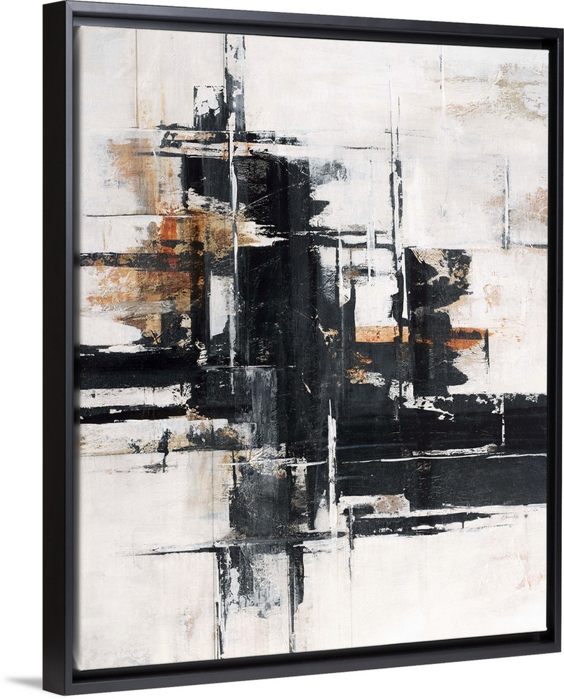 Abstract contemporary painting with black horizontal strokes on white and brown.
