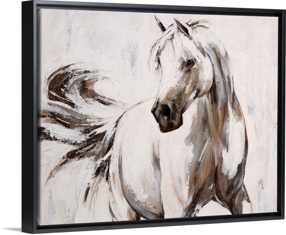 Contemporary painting of an elegant white horse flicking its tail.