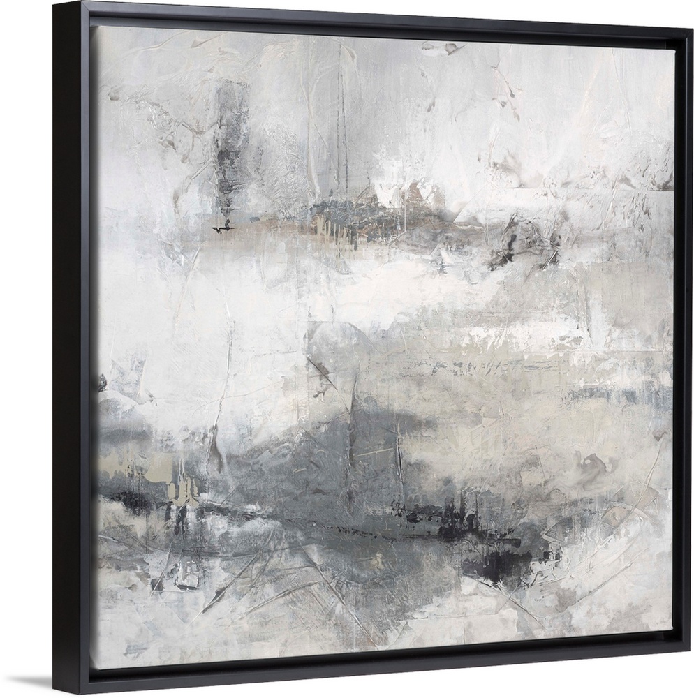 Abstract contemporary artwork in misty shades of white and grey.