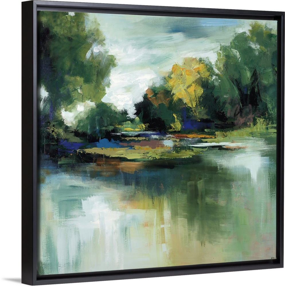 Landscape painting in thick sweeping brushstrokes of a calm pond in front of a grove of lush trees and a green landscape.