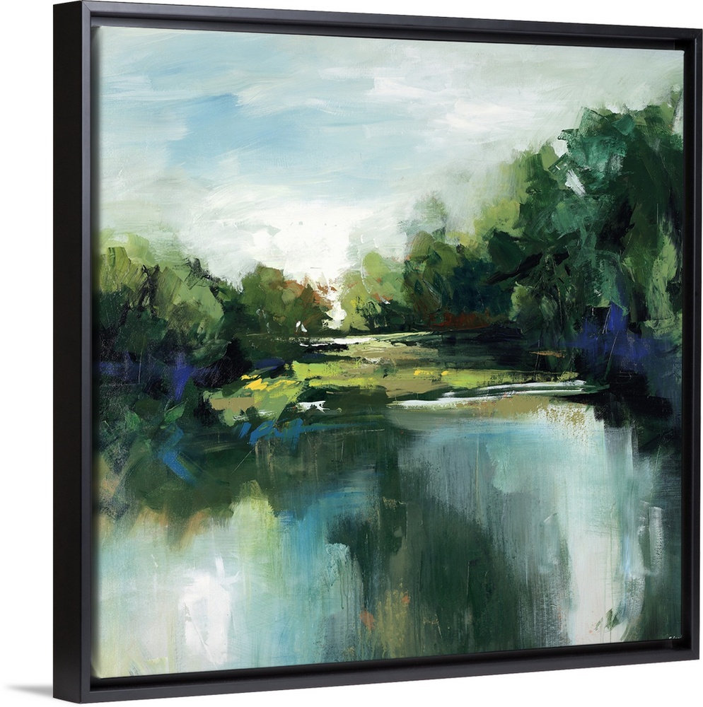 Landscape painting in thick sweeping brushstrokes of a calm pond in front of a grove of lush trees and a green landscape.