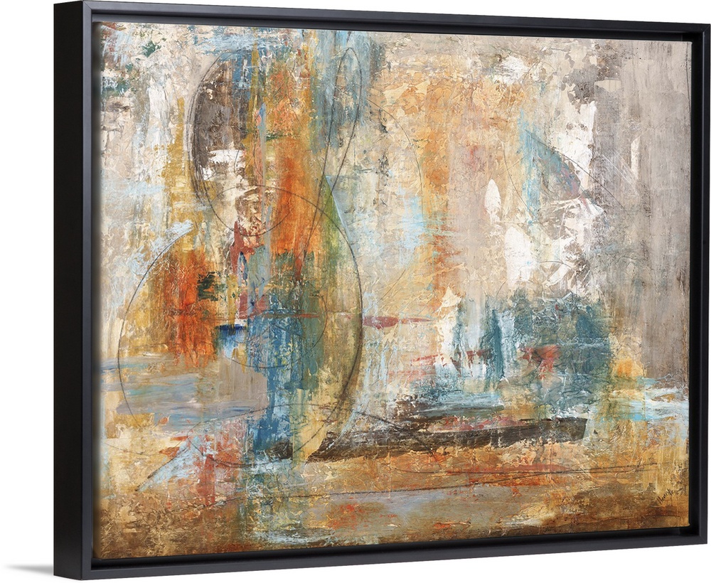 Contemporary abstract painting in orange and blue.