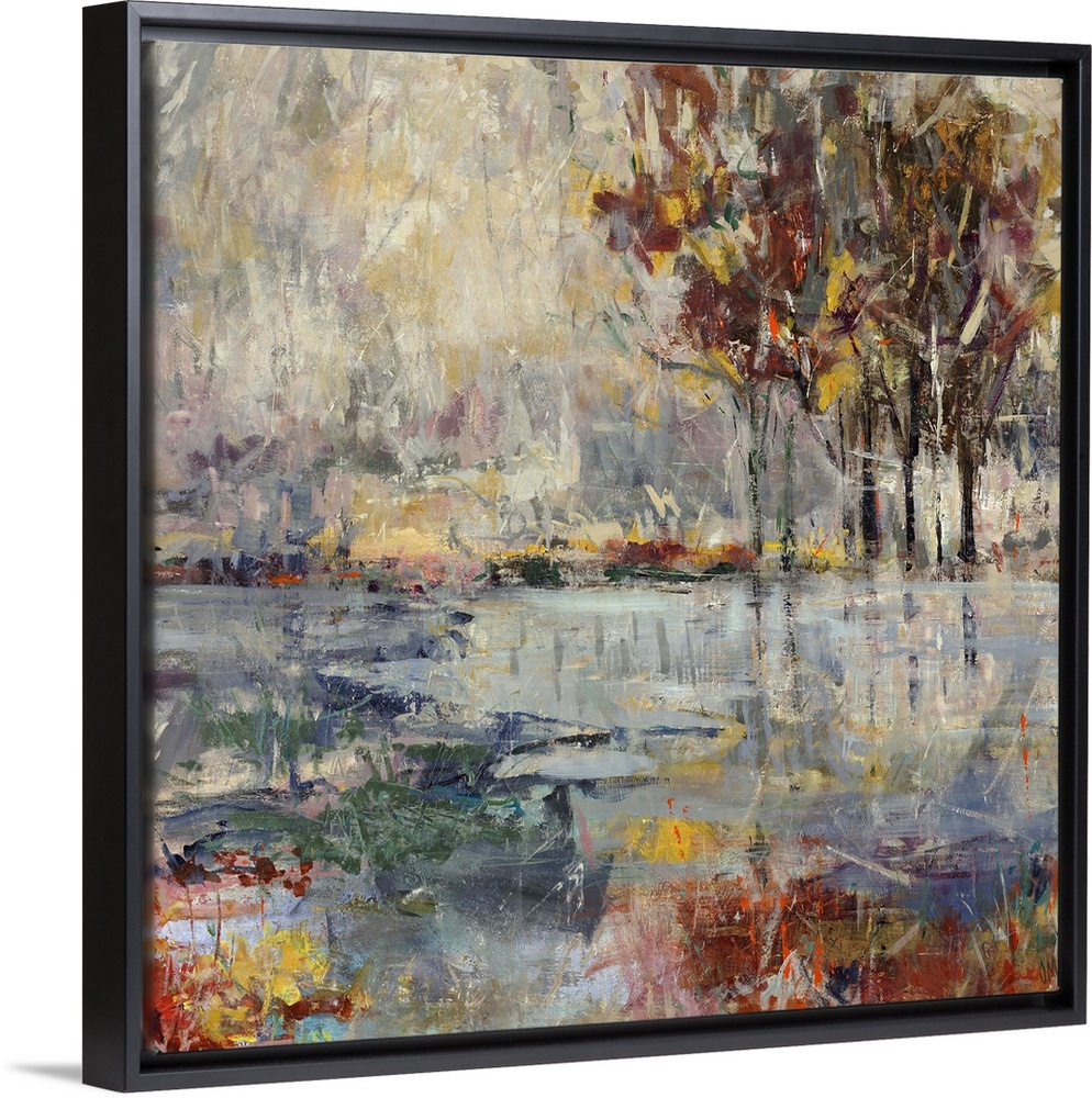 Contemporary painting of colorful flowers in front of a large body of water, with several vibrant trees on the horizon, in...