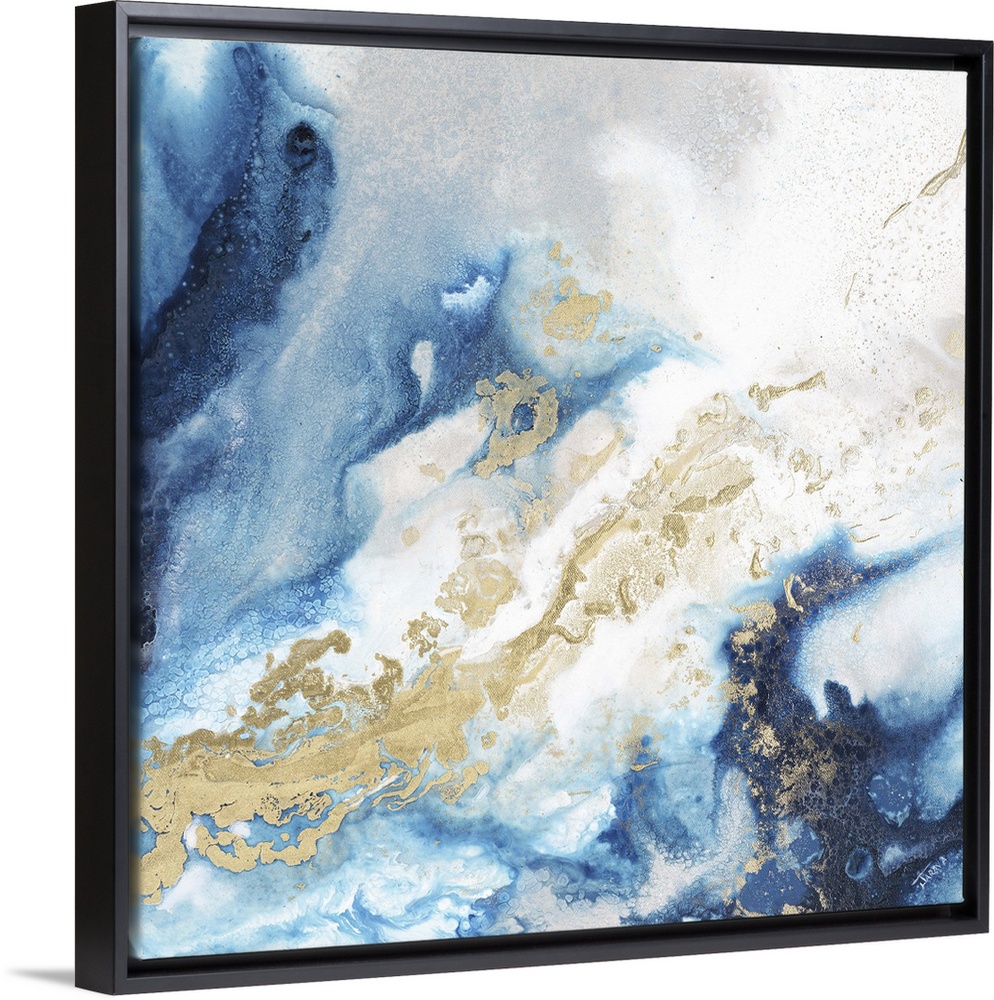 Square abstract art with glittery shades of blue with gold and silver all running together.