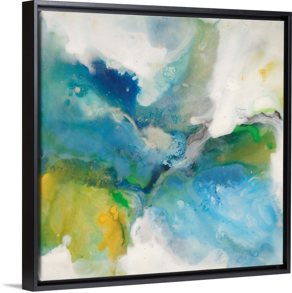 Contemporary abstract painting of saturated blue and green tones in a swirling motion.