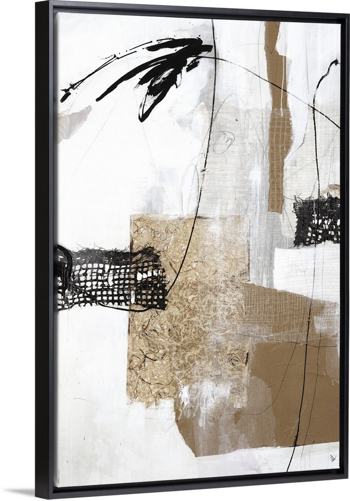 This vertical collage contains abstract elements that looks like different types of weaved fabric in black and brown.