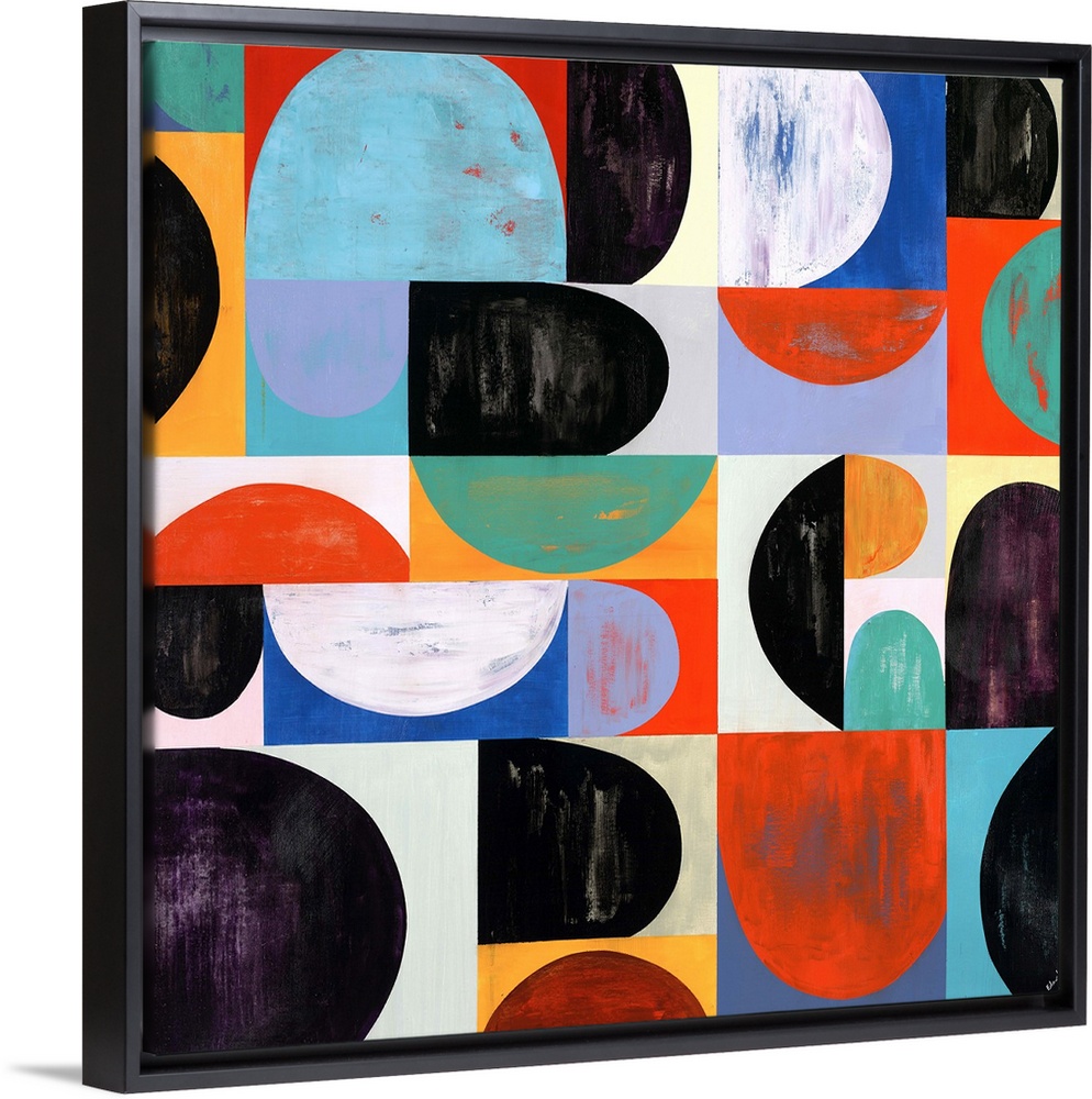 Abstract painting with a mid-century feel using organic shapes in different colors to create obscure patterns.
