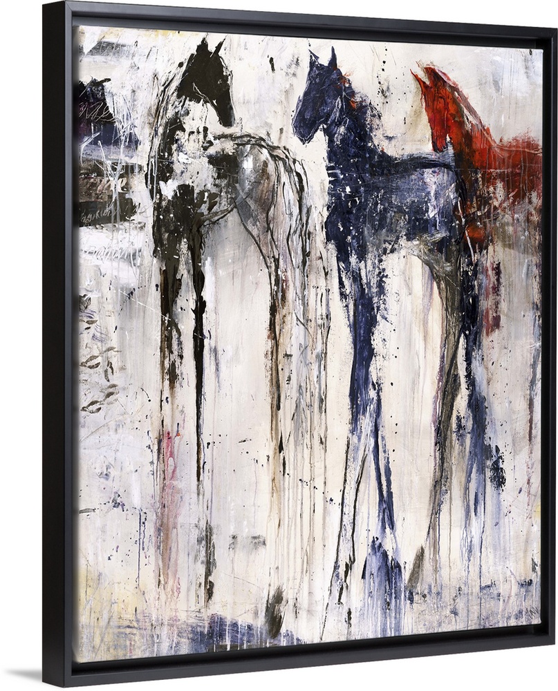 Tall abstract painting of three horses with vertical lines of color.