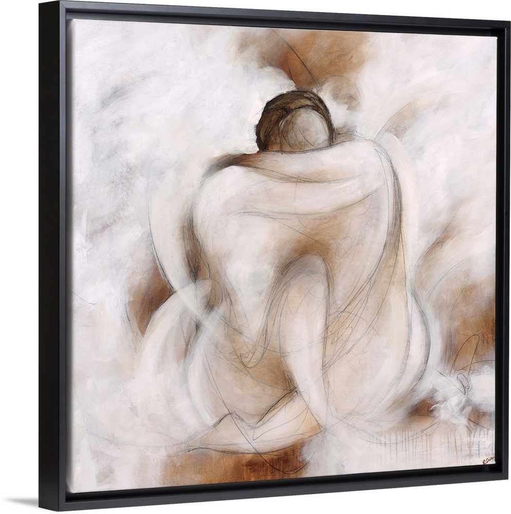 Figurative art of two human forms sitting and embracing each other, surrounded by a light background resembling fluffy clo...