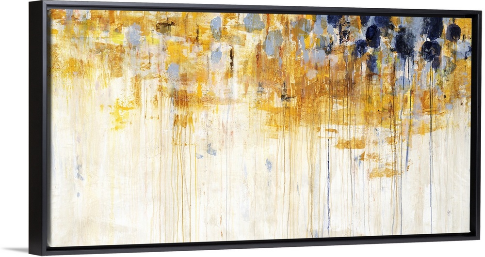 A large horizontal contemporary painting of vibrant yellow and brown colors dripping vertically.