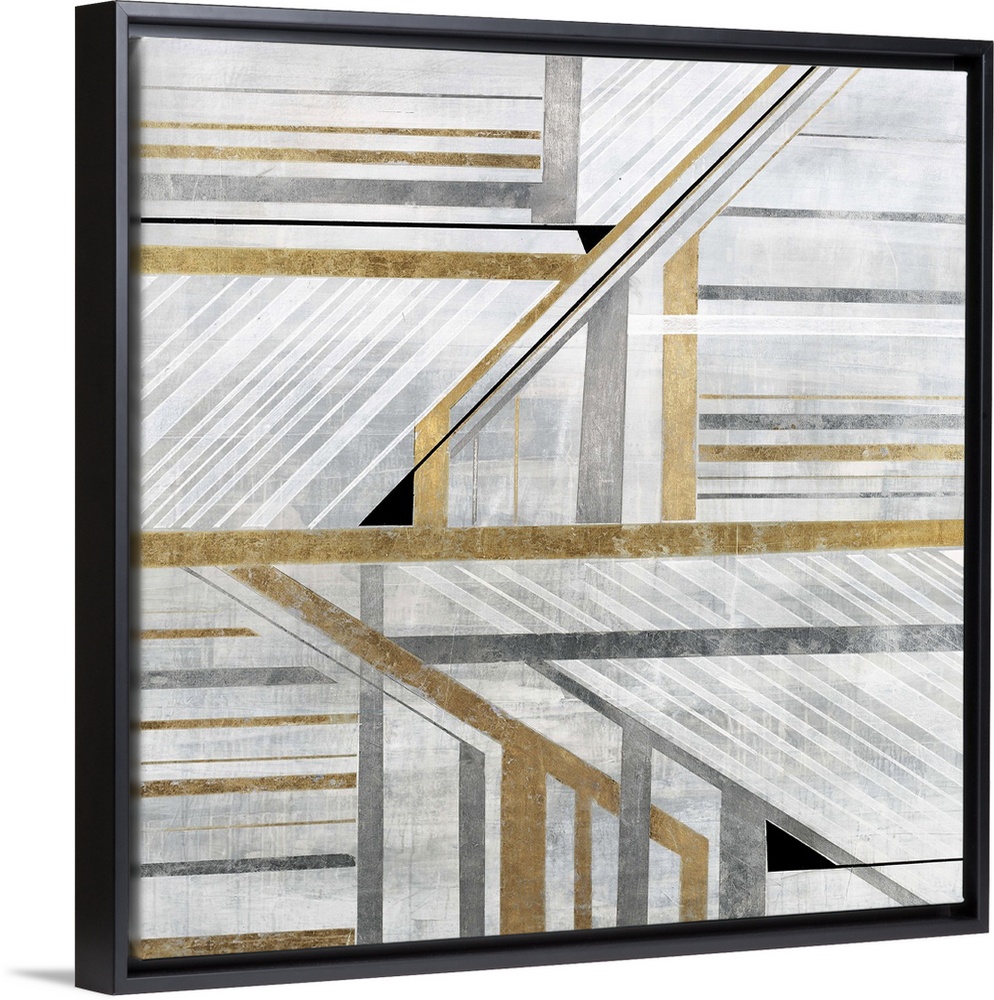 Geometric abstract art with silver, white, and gold lines and angles coming together to create movement around the canvas.