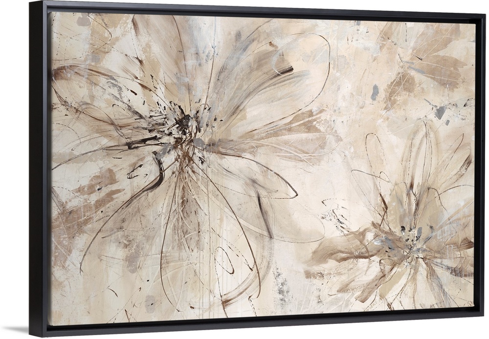 Abstract painting of several floral shapes created with thinly painted lines and subtle sweeping brushstrokes, in light ea...