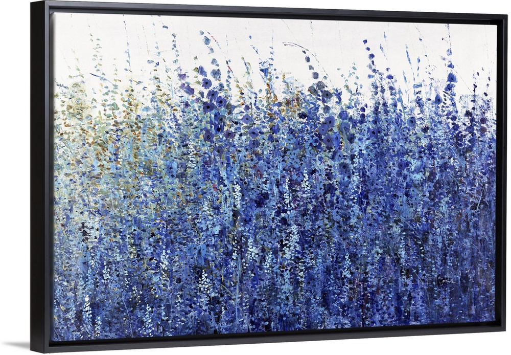 A thick mass of tall wildflowers and grasses in shades of blue and indigo against a white background. Painted in a casual,...