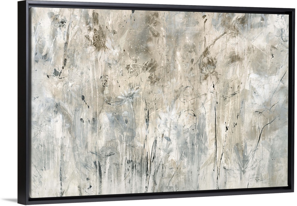 Neutral toned painting with faint abstract flowers spread out across the canvas.