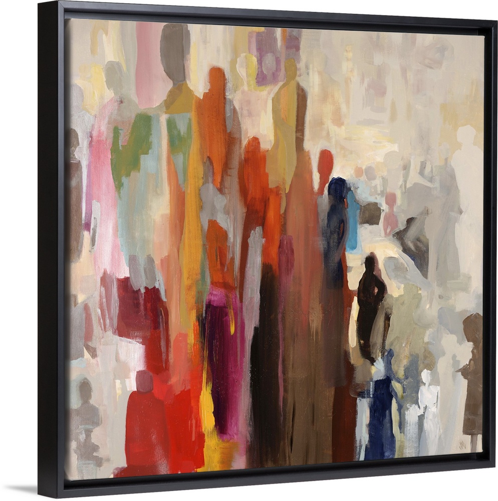 Abstract painting of large cluster of human silhouettes in various sizes and colors, occasionally overlapping, melding tog...