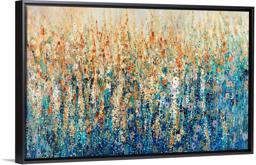 A mass of tall blue wildflowers growing amid grasses in a prairie-like setting. This impressionist-style painting in warm ...