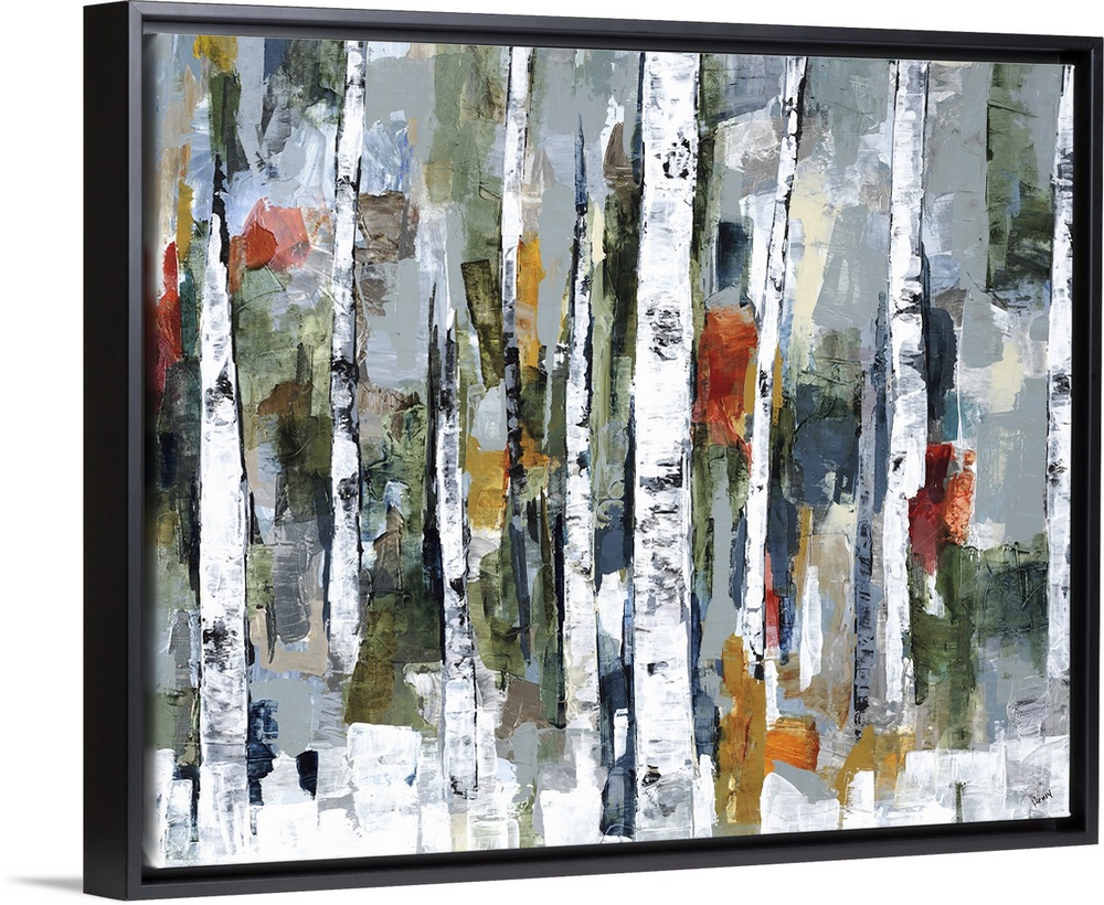 Large abstract painting of a wooded forest of colorful fall leaves.