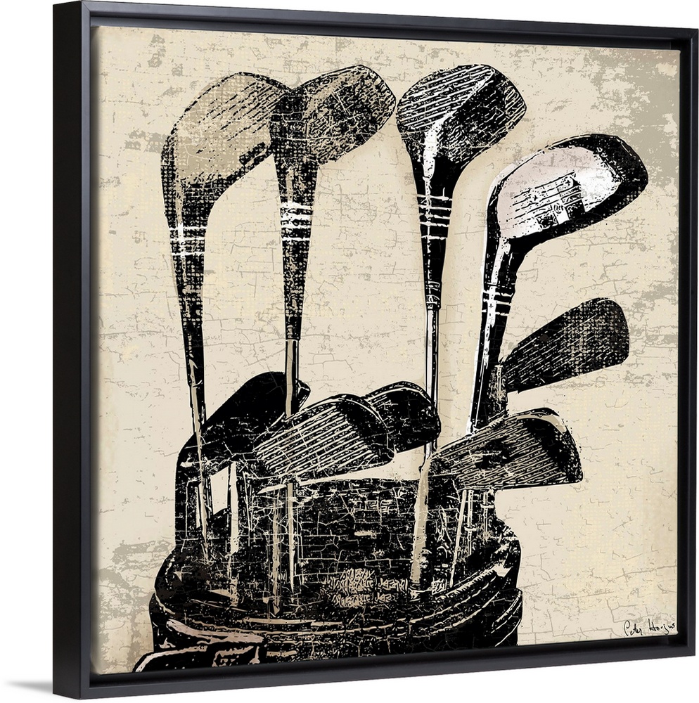 Vintage style wall art of an old distressed golf clubs on tan and sepia background.