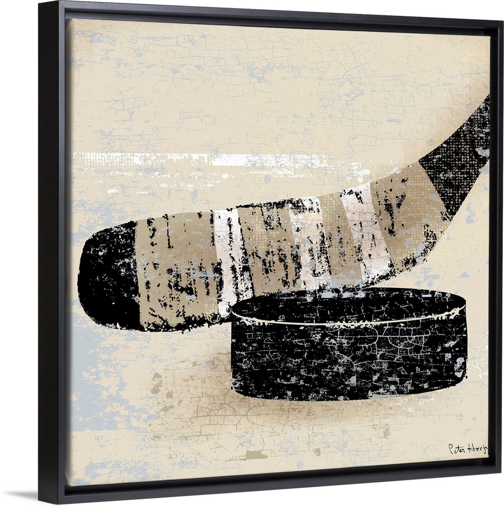 Vintage style wall art of an old distressed hockey stick and puck on tan and sepia background.