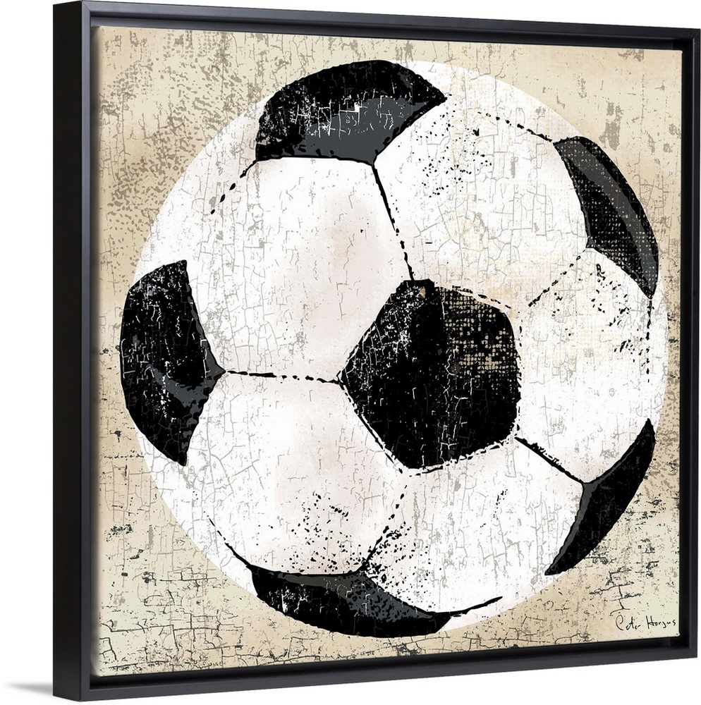Vintage style wall art of an old distressed soccer ball on tan and sepia background.