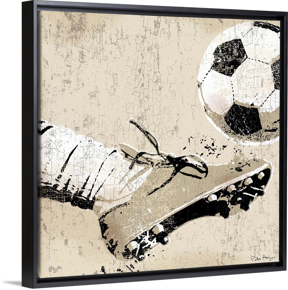Vintage style wall art of an old distressed soccer cleat and foot striking soccer ball on tan and sepia background.