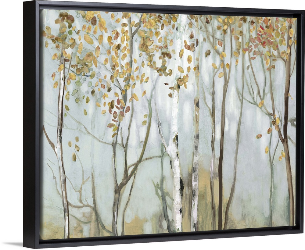 Large landscape painting of birch trees in the woods with gold and red leaves.