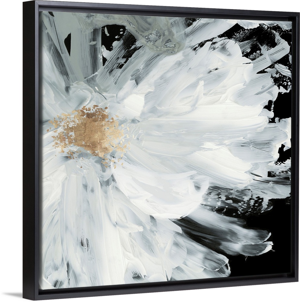 Decorative artwork with a large white peony on a dark black background.