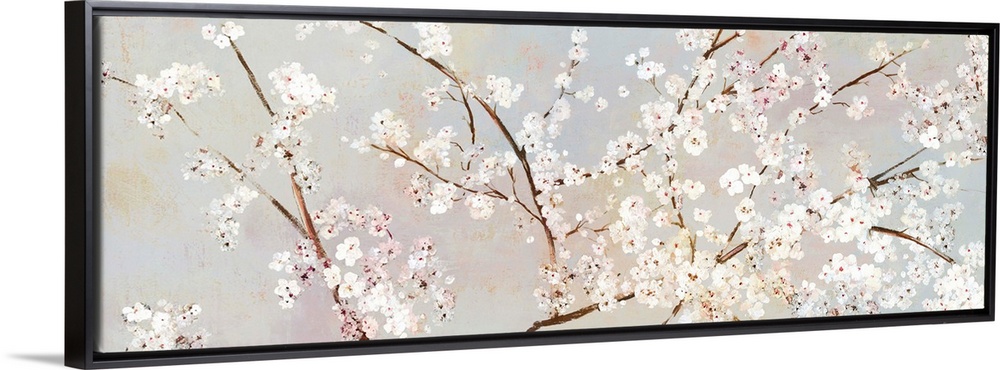 A long panoramic painting of a large branch of white cherry blossoms.
