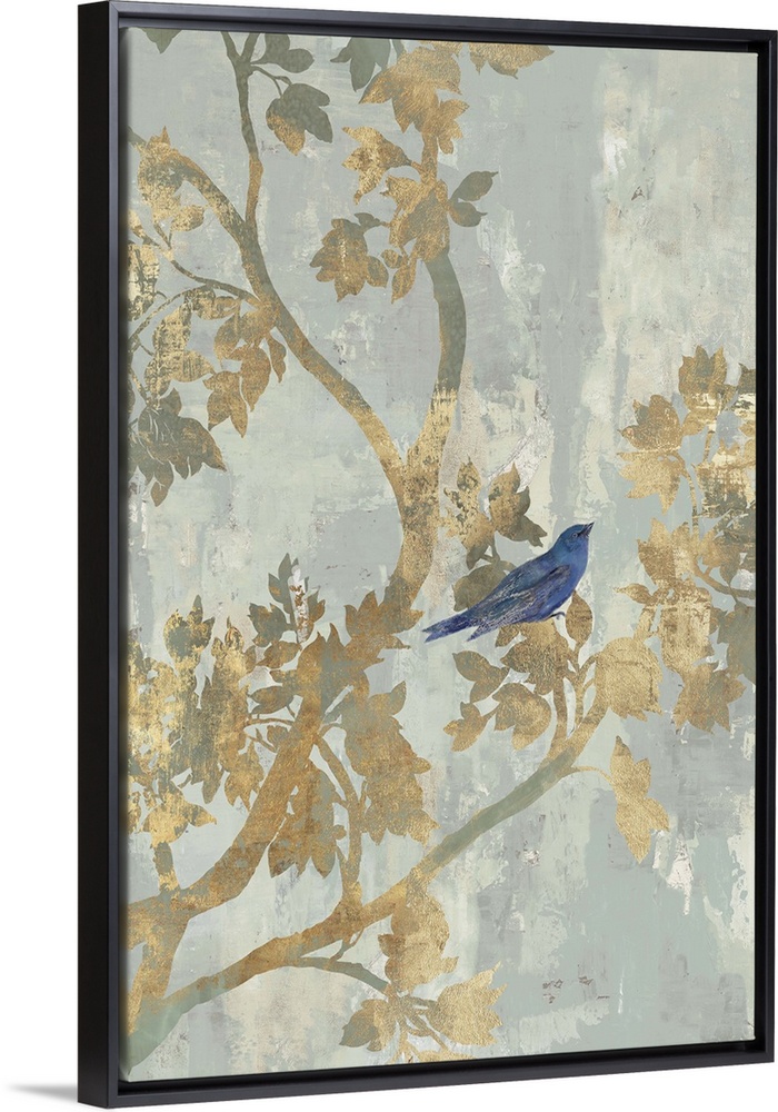 A small blue bird perched on golden branches.