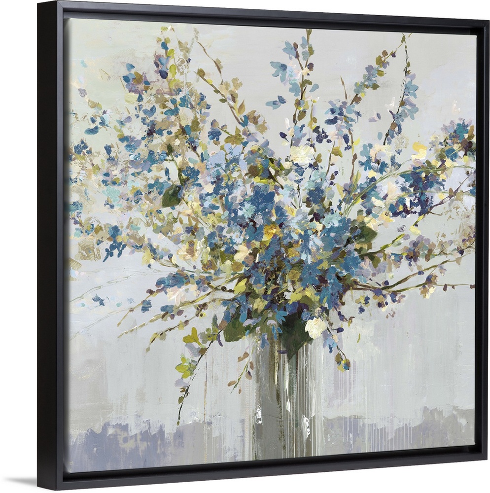 Contemporary artwork of a vase full of blue and white flowers.