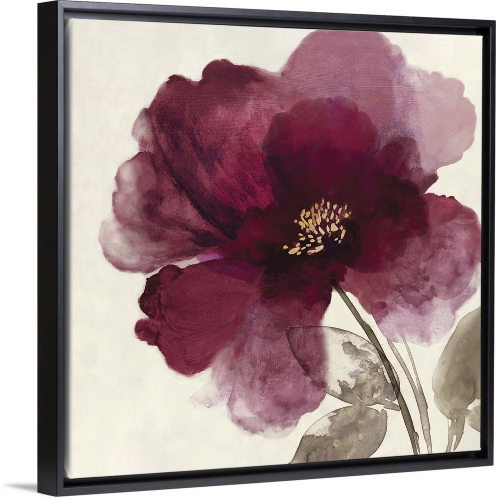 Square watercolor painting of a blooming peony with deep red petals on a beige background.