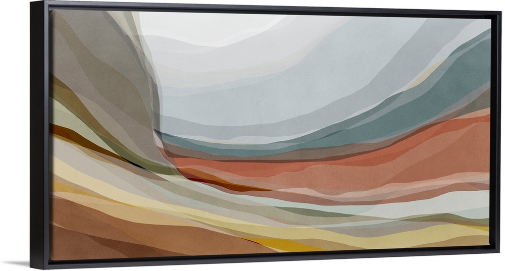 An organic, contemporary abstract art piece with curving layers of overlapping muted colors that look like rock strata und...