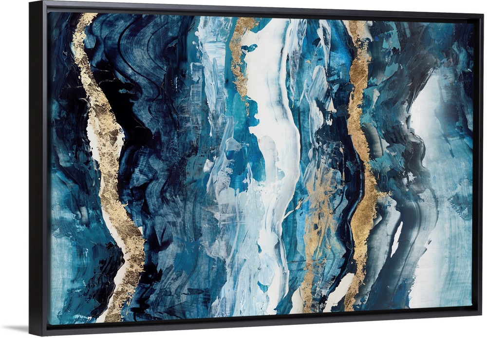 A horizontal abstract of vertical wavy brush strokes in blue with gold accents.