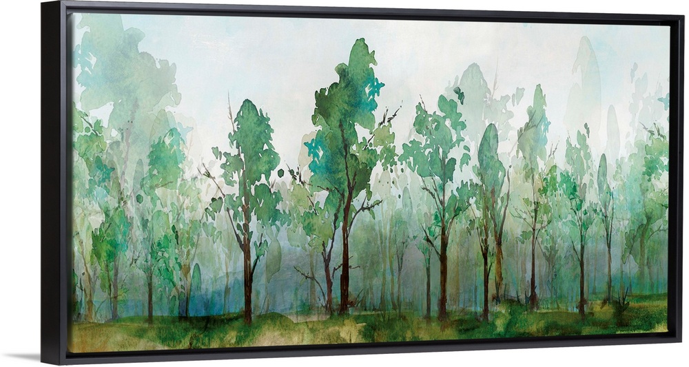 Contemporary watercolor painting of rows of trees with faded trees in the background.