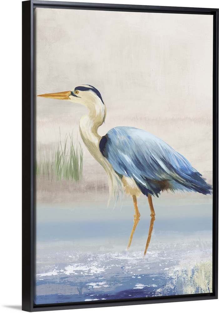 Contemporary artwork of a great blue heron standing in shallow water.