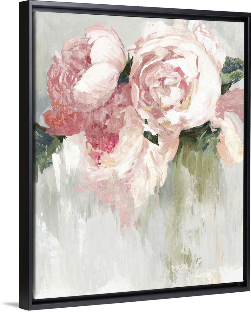 Contemporary painting of pink peonies with white highlights and green leaves.