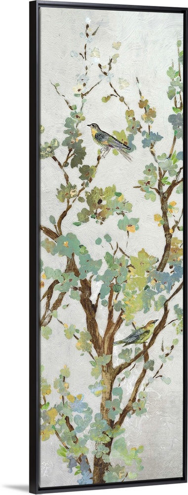 Tree branch with light green leaves on grey.