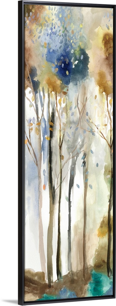 Watercolor artwork of a forest with tall, thin trees.