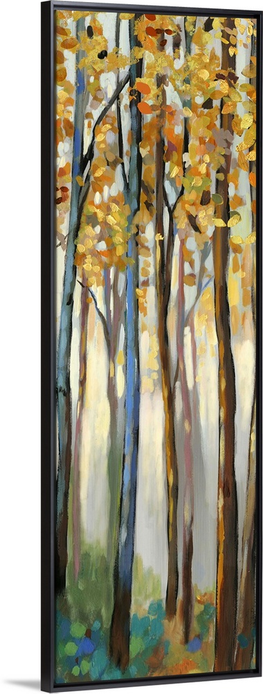 Contemporary painting of a forest with thin trees and autumn leaves.