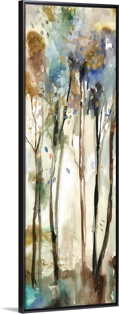 Watercolor artwork of a forest with tall, thin trees.